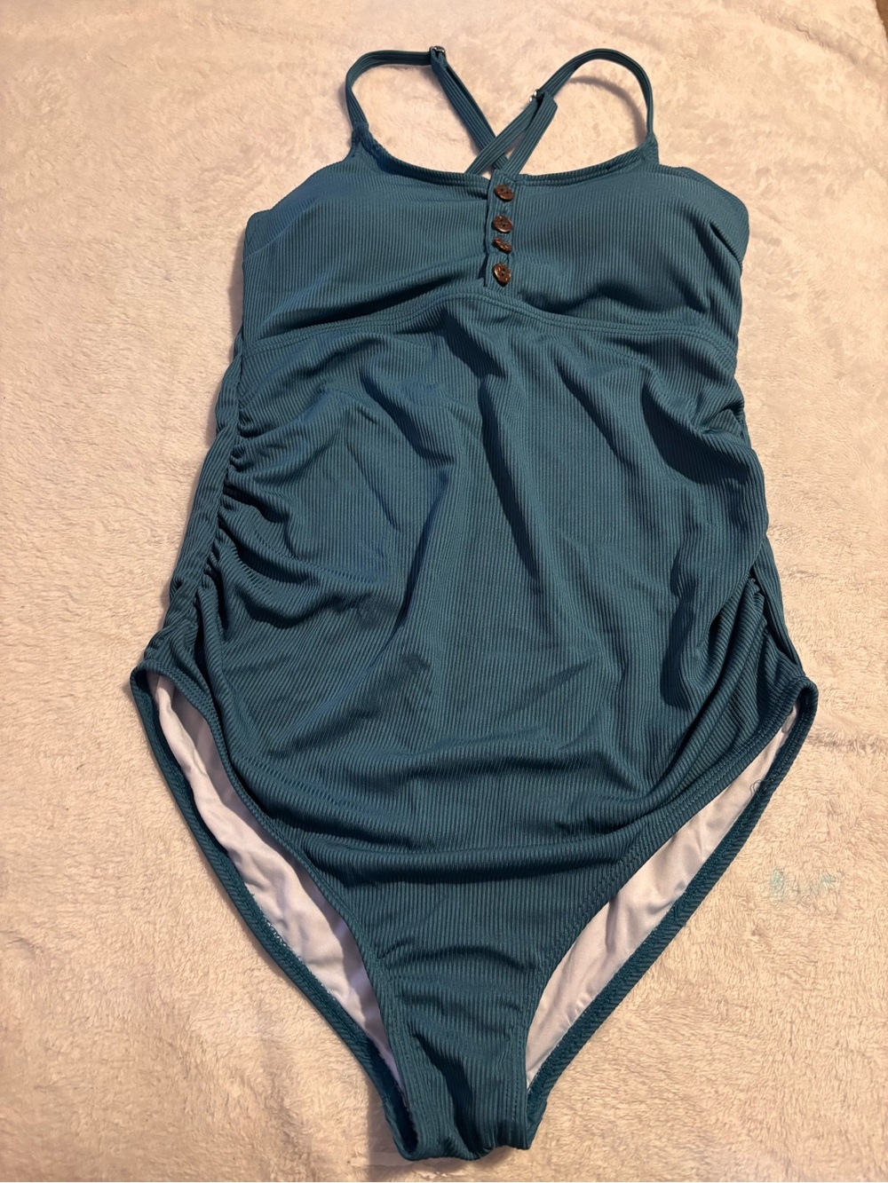 Women’s Teal Ribbed One-Piece Swimsuit with Button Front